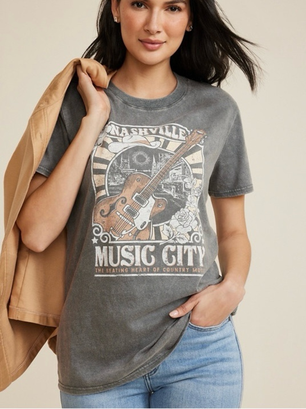 Maurices Nashville Music City Oversized Graphic Tee Gray Country Large Women’s